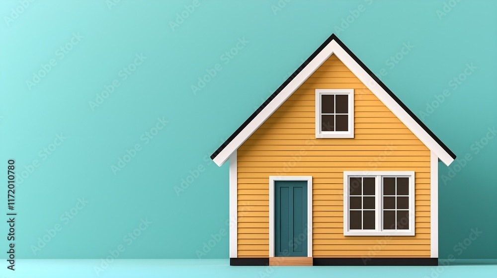 Charming Yellow House Model with Door and Windows on Turquoise Background for Home Decor and Real Estate Concepts Charming Yellow House Model with Door and Windows on Turquoise Background for Home Decor and Real Estate Concepts