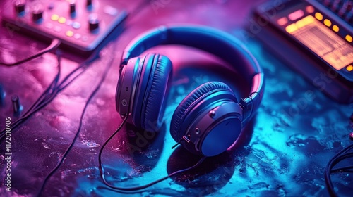 Stylish headphones resting on a music production station, illuminated by vibrant neon lights. photo