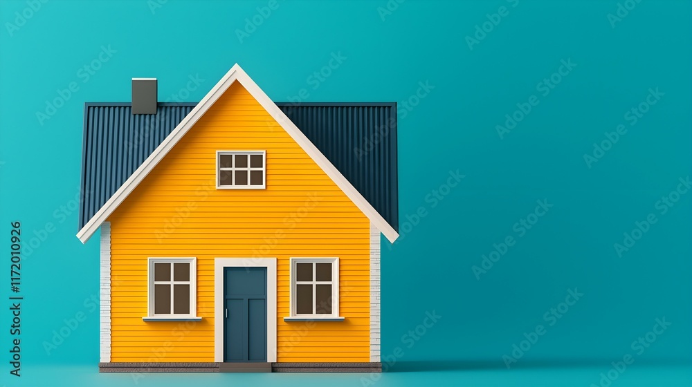 Vibrant Yellow House Model on Turquoise Background Ideal for Real Estate and Home Design Projects Vibrant Yellow House Model on Turquoise Background Ideal for Real Estate and Home Design Projects
