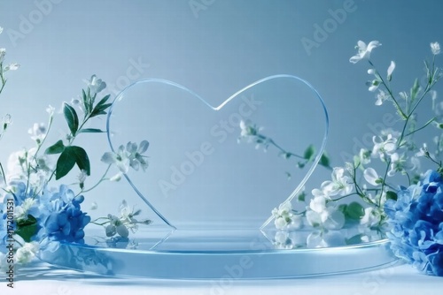 A heart-shaped glass piece surrounded by delicate blue and white flowers.