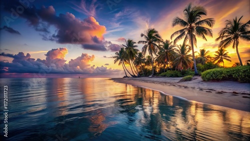 Dusk settles on Paradise Island's shore, painting the ocean in low light's embrace.