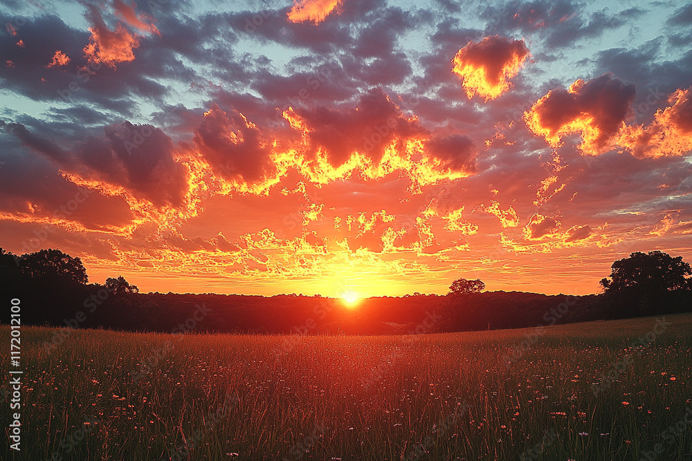 Fototapeta premium Fiery Sunset Over a Field of Wildflowers