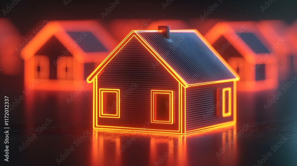 Neon-Illuminated House Model with Soft Glow in a Digital Landscape Neon-Illuminated House Model with Soft Glow in a Digital Landscape