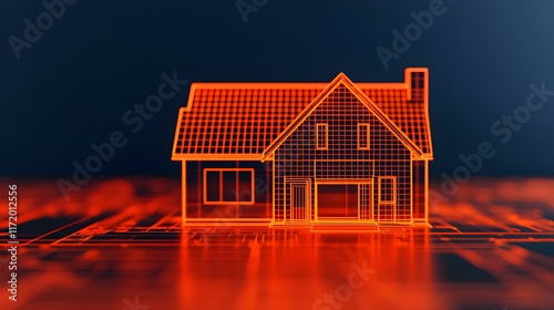 Futuristic Orange Wireframe House Model on Digital Circuit Background
