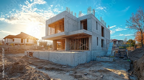 Modern Concrete House Under Construction at Sunset