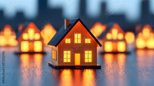 Miniature house model with glowing windows against blurred city skyline for cozy home concept and real estate themes photo