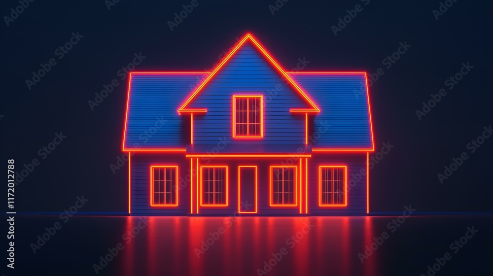Neon Illuminated House Design with Bright Outline and Modern Aesthetic in Dark Background Neon Illuminated House Design with Bright Outline and Modern Aesthetic in Dark Background