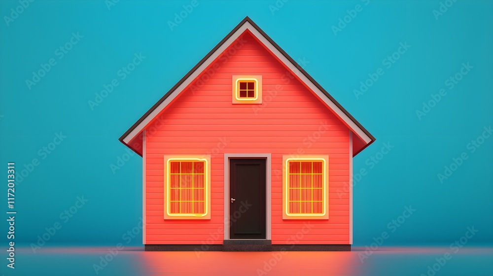 Bright Pink House with Warm Windows Against a Vibrant Blue Background in a Minimalist Style Bright Pink House with Warm Windows Against a Vibrant Blue Background in a Minimalist Style