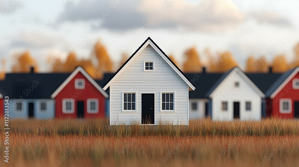 Calm Autumn Landscape with Quaint Houses Surrounded by Golden Grass and Soft Cloudy Sky Calm Autumn Landscape with Quaint Houses Surrounded by Golden Grass and Soft Cloudy Sky