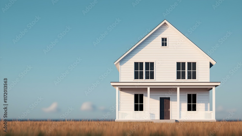 Charming Modern White House with Porch Surrounded by Expansive Grass Field Under Clear Blue Sky Charming Modern White House with Porch Surrounded by Expansive Grass Field Under Clear Blue Sky