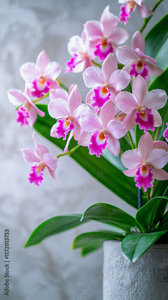 Obraz premium Pink orchid flowers in a grey pot.