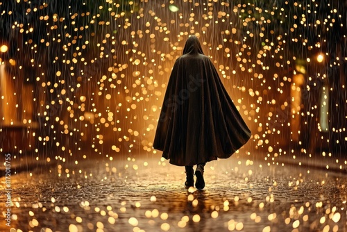 A lone figure, shrouded in a dark cloak, walks through the dimly lit streets as rain cascades down from the sky like a veil of tears