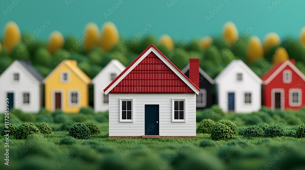 Charming Model House with Red Roof Amidst Colorful Miniature Homes in Green Landscape