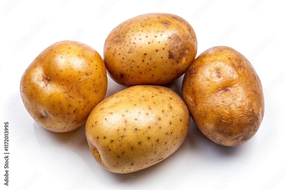 High-resolution image: four unpeeled potatoes against a pure white backdrop.  Aerial perspective.