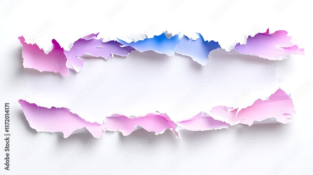 Fototapeta premium Torn pastel paper reveals white background; space for text or image.