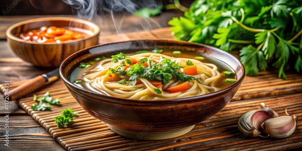 Homemade noodle soup broth, parsley garnish, beautifully photographed – Asian cuisine recipe inspiration. Homemade noodle soup broth, parsley garnish, beautifully photographed – Asian cuisine recipe inspiration.