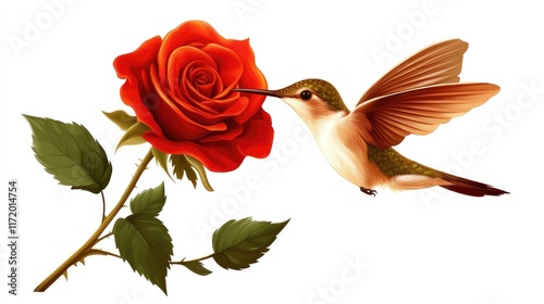 A hummingbird feeding from a vibrant red rose, showcasing nature's beauty and harmony. photo