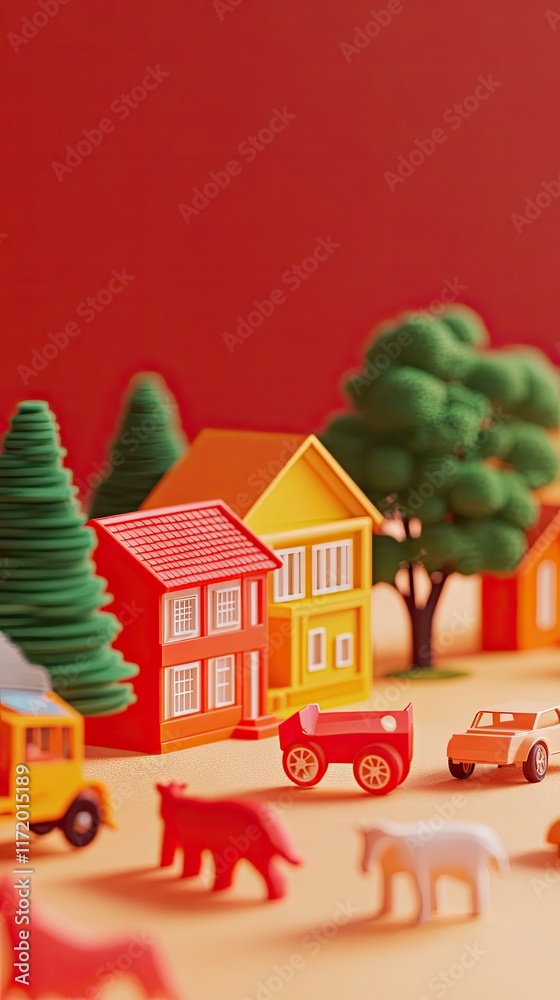 Naklejka premium A colorful miniature scene featuring houses, trees, and toy animals on a playful landscape.