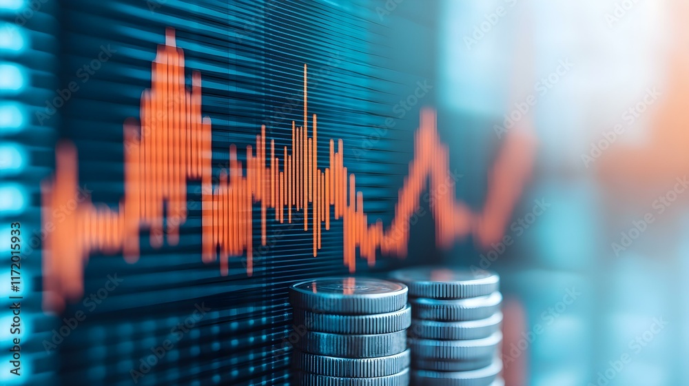 Financial Growth Concept with Stacked Coins and Data Visualization Graph in Soft Blue and Orange Tones Financial Growth Concept with Stacked Coins and Data Visualization Graph in Soft Blue and Orange Tones