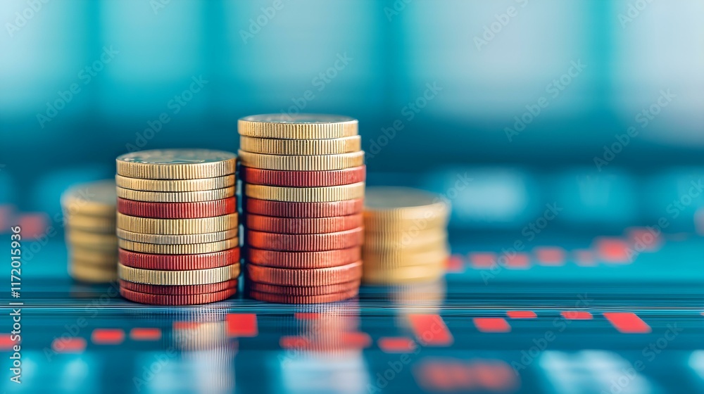 Stacks of Money Coins on a Background of Financial Charts Depicting Market Trends and Investment Opportunities Stacks of Money Coins on a Background of Financial Charts Depicting Market Trends and Investment Opportunities