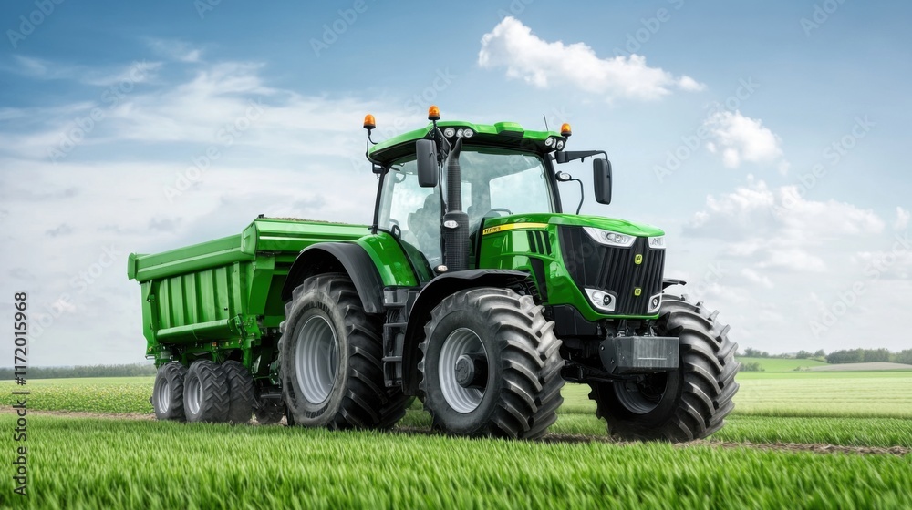 Green Tractor with Dump Trailer Driving Through Lush Agricultural Field Under Bright Blue Sky