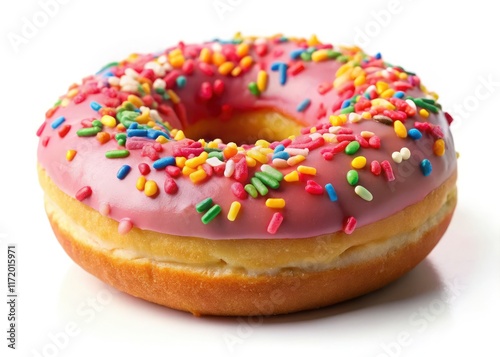 Isolated, a sugary donut's colorful sprinkles tempt the eye; a bakery masterpiece. photo