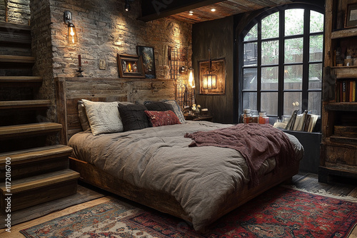 Rustic Bedroom Design With Wooden Bed And Brick Walls photo