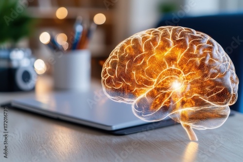 The stock photo showcases a top view of a work table desktop overlaid with a multi exposure image of a detailed brain drawing, symbolizing global data analysis and complex intellectual processes.