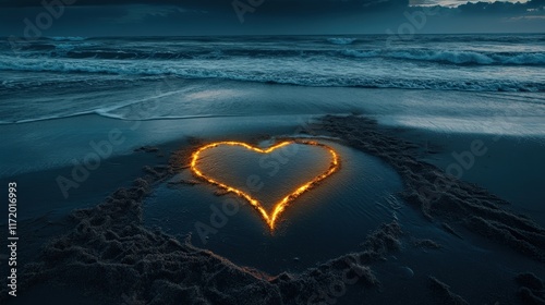 A glowing heart drawn in the sand with waves gently approaching