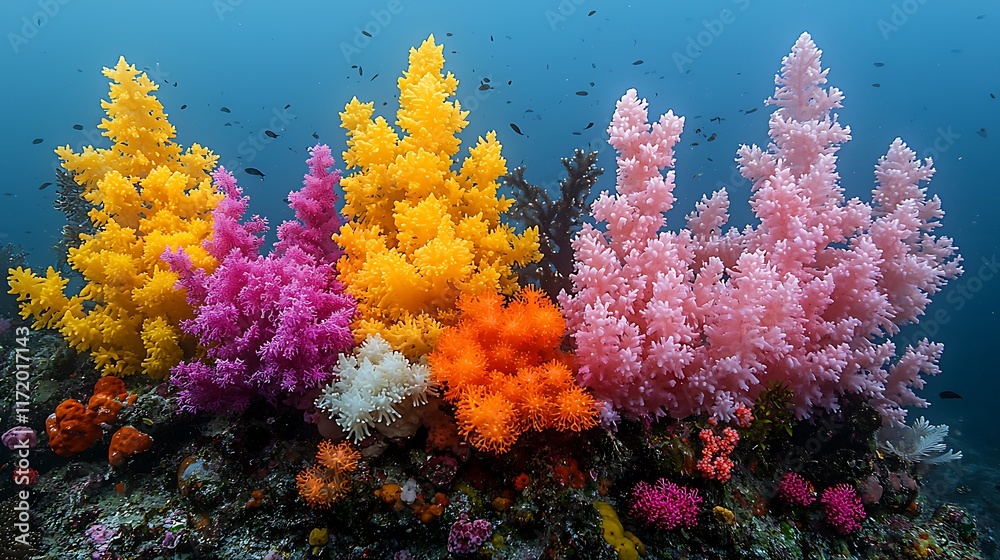 Obraz premium Vibrant coral reef showcasing diverse colors and marine life in underwater scene.
