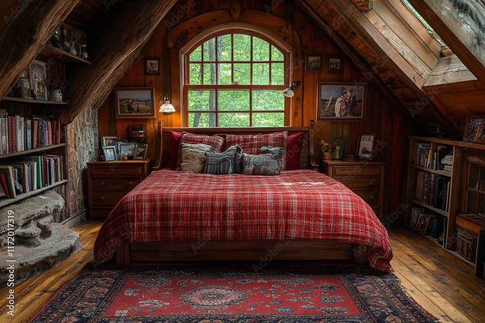 Rustic Attic Bedroom with Plaid Bedding and Wooden Beams