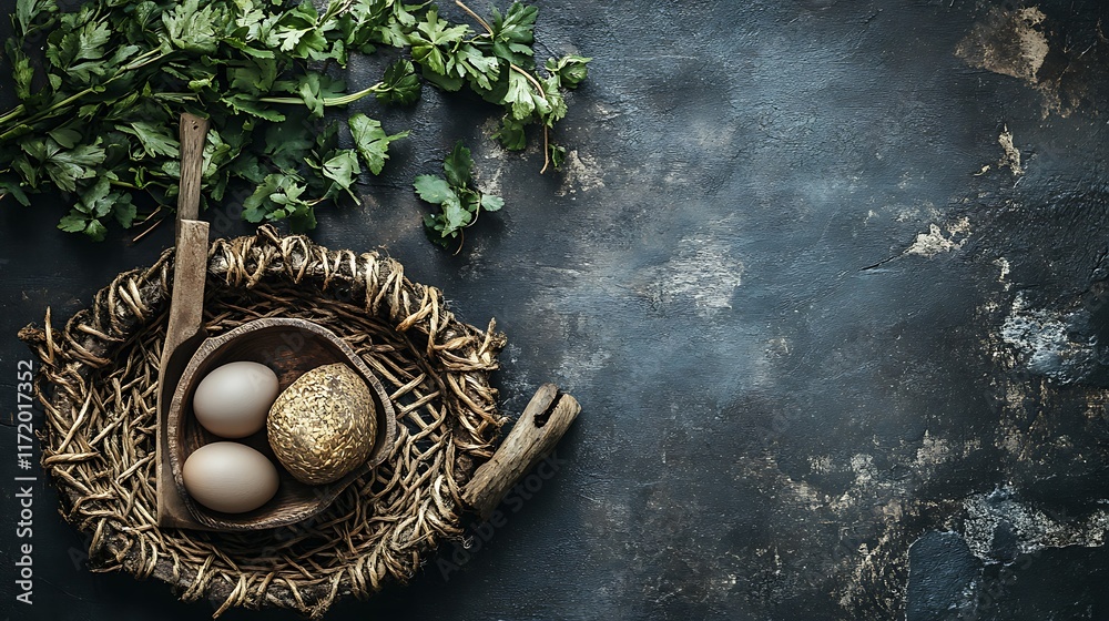 Rustic eggs, herbs, wooden bowl, dark background, food blog. Rustic eggs, herbs, wooden bowl, dark background, food blog.
