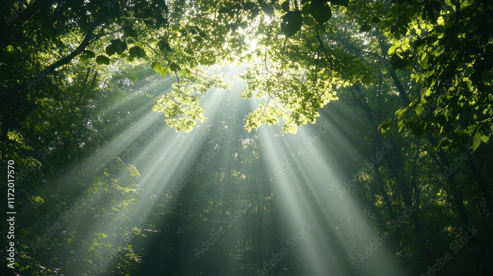 Fototapeta premium Sunbeams through the Forest Canopy: A Serene Nature Escape