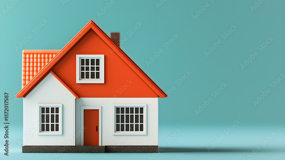 Cute and Colorful Model House with Red Roof and White Walls on a Soft Blue Background Cute and Colorful Model House with Red Roof and White Walls on a Soft Blue Background