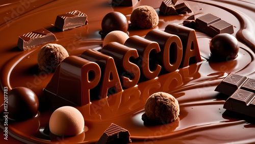 Easter Celebration: Melted Chocolate with Bonbons and Decorative Chocolate Text