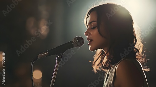 Woman singing into a microphone on stage