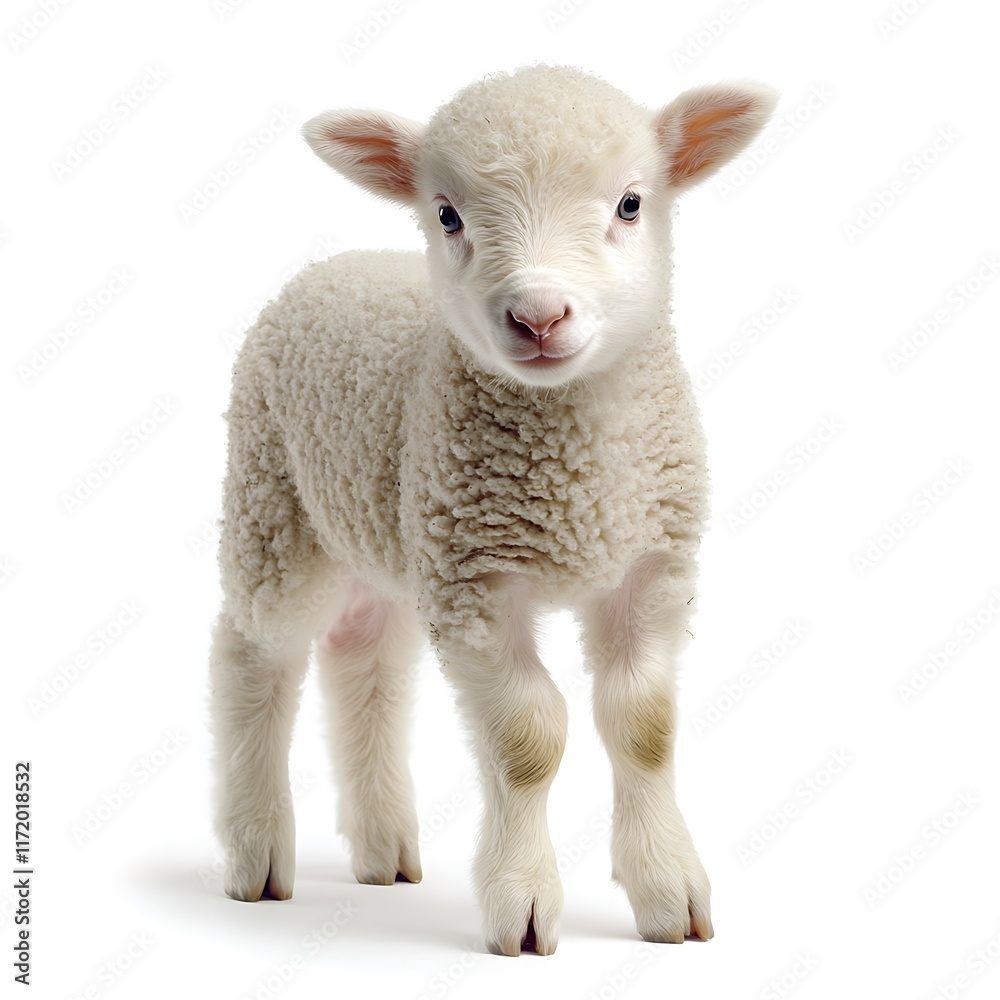 Fototapeta premium Cute lamb, farm animal, white background, springtime.