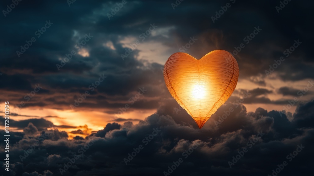 Fototapeta premium A glowing paper lantern floating into a heart-shaped cloud