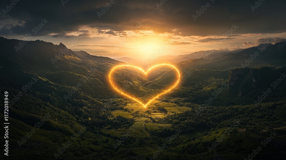 A glowing rainbow forming a heart over a serene valley A glowing rainbow forming a heart over a serene valley