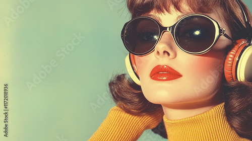Frau mit Sonnenbrille und Kopfhörer im 70er Jahre Retro Style beim Musik hören. Querformat mit Platz für Text. 16:9 Format. Generative AI.