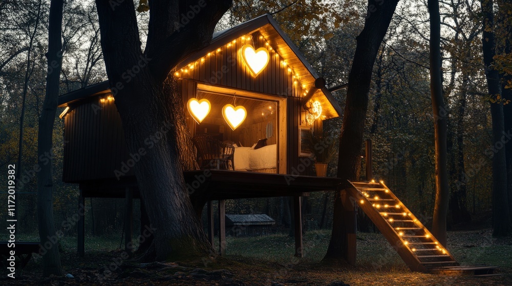 Fototapeta premium A glowing treehouse decorated with heart-shaped lights