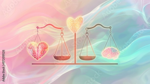 A set of glowing scales balancing two elements: a heart and a brain