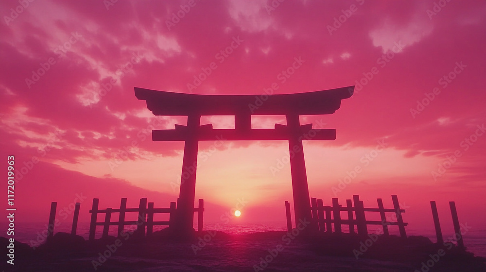 Torii gate silhouette at sunset over the ocean creates a peaceful atmosphere Torii gate silhouette at sunset over the ocean creates a peaceful atmosphere