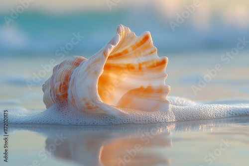 Close-up of an orange conch shell on wet sand