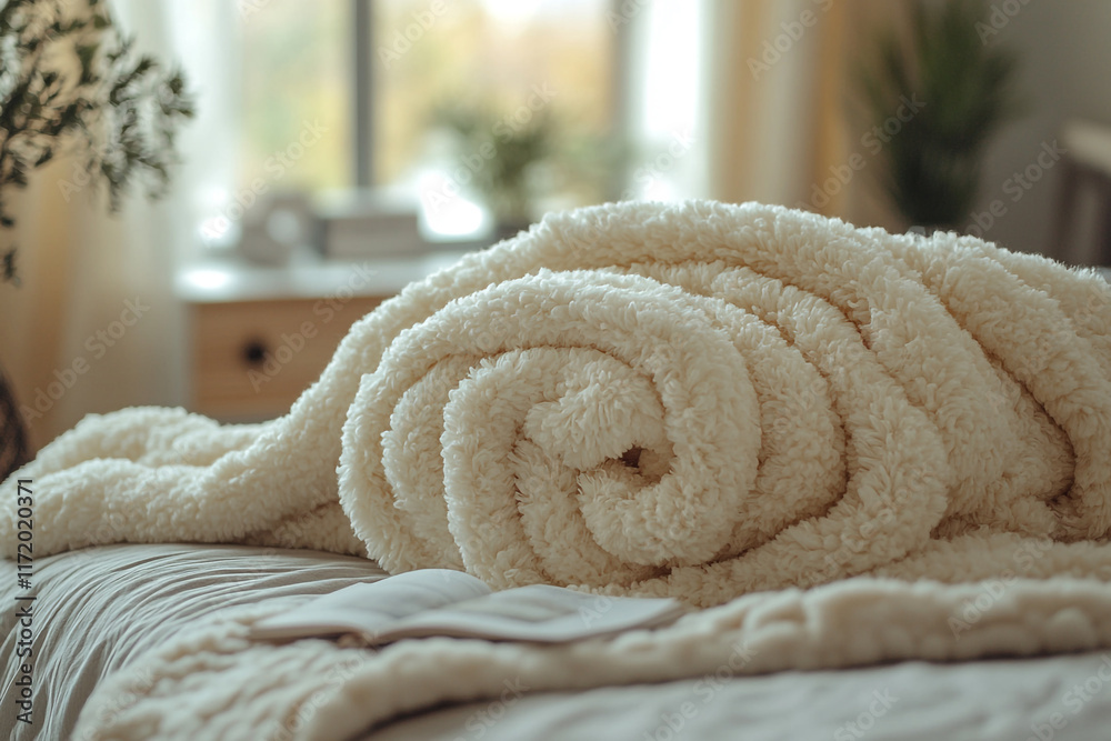 Cozy cream colored blanket rolled on bed Cozy cream colored blanket rolled on bed