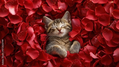 A kitten lying on a bed of rose petals shaped like a heart photo