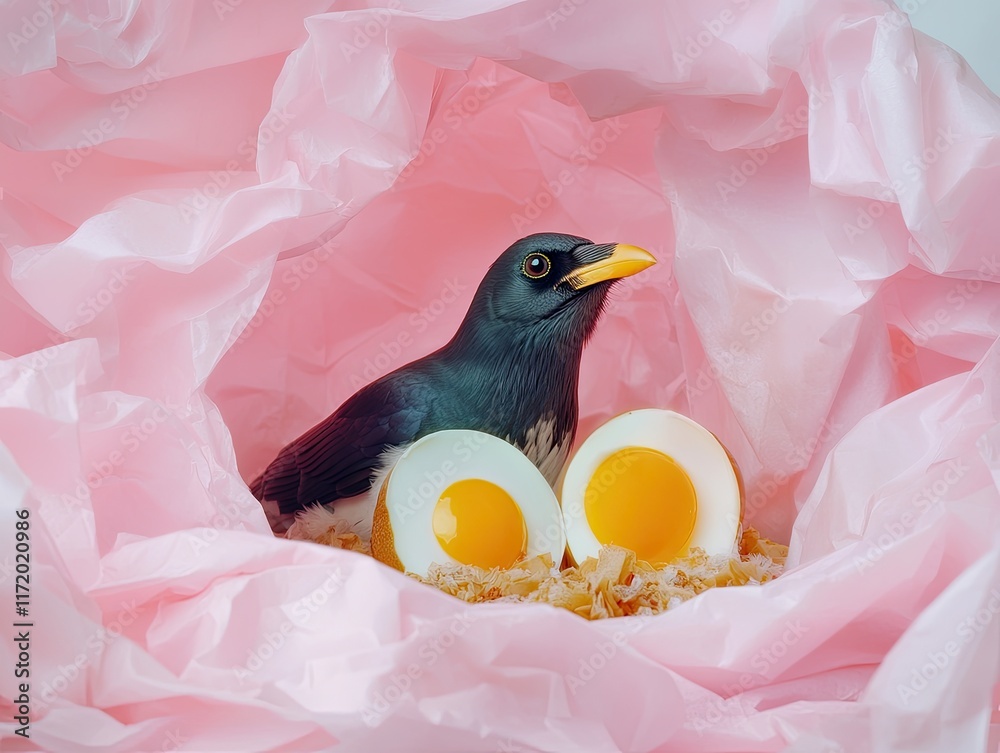 Naklejka premium A bird sits among two halved eggs on pink crumpled paper, creating a whimsical scene.