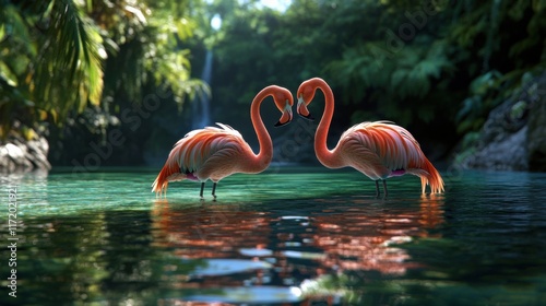 A pair of flamingos creating a heart shape with their necks in a tropical lagoon
