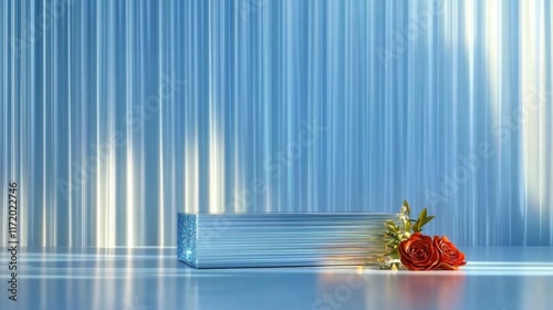 A serene blue background with a glass vase and red roses, evoking elegance and tranquility.