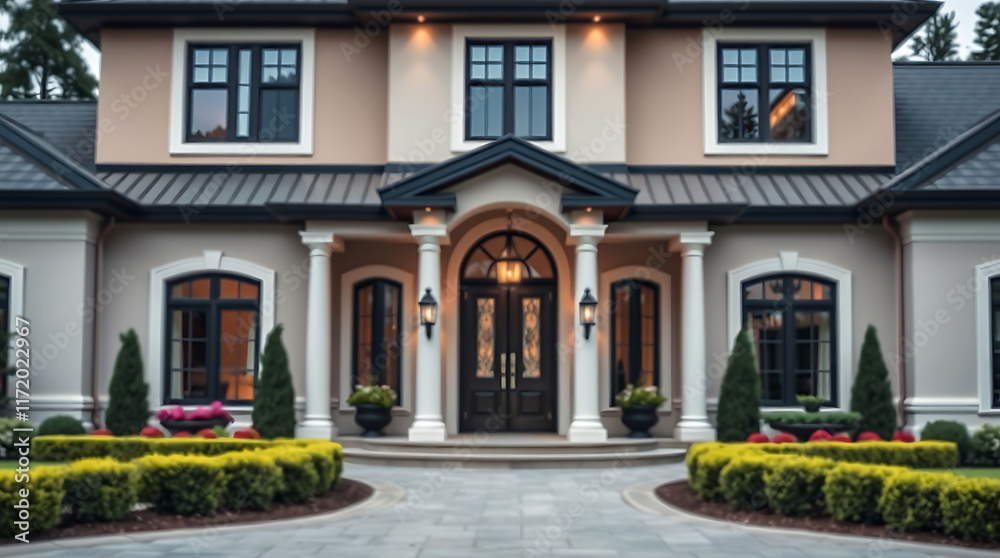 Exterior View of Two-Story House with Columns and Landscaping Exterior View of Two-Story House with Columns and Landscaping